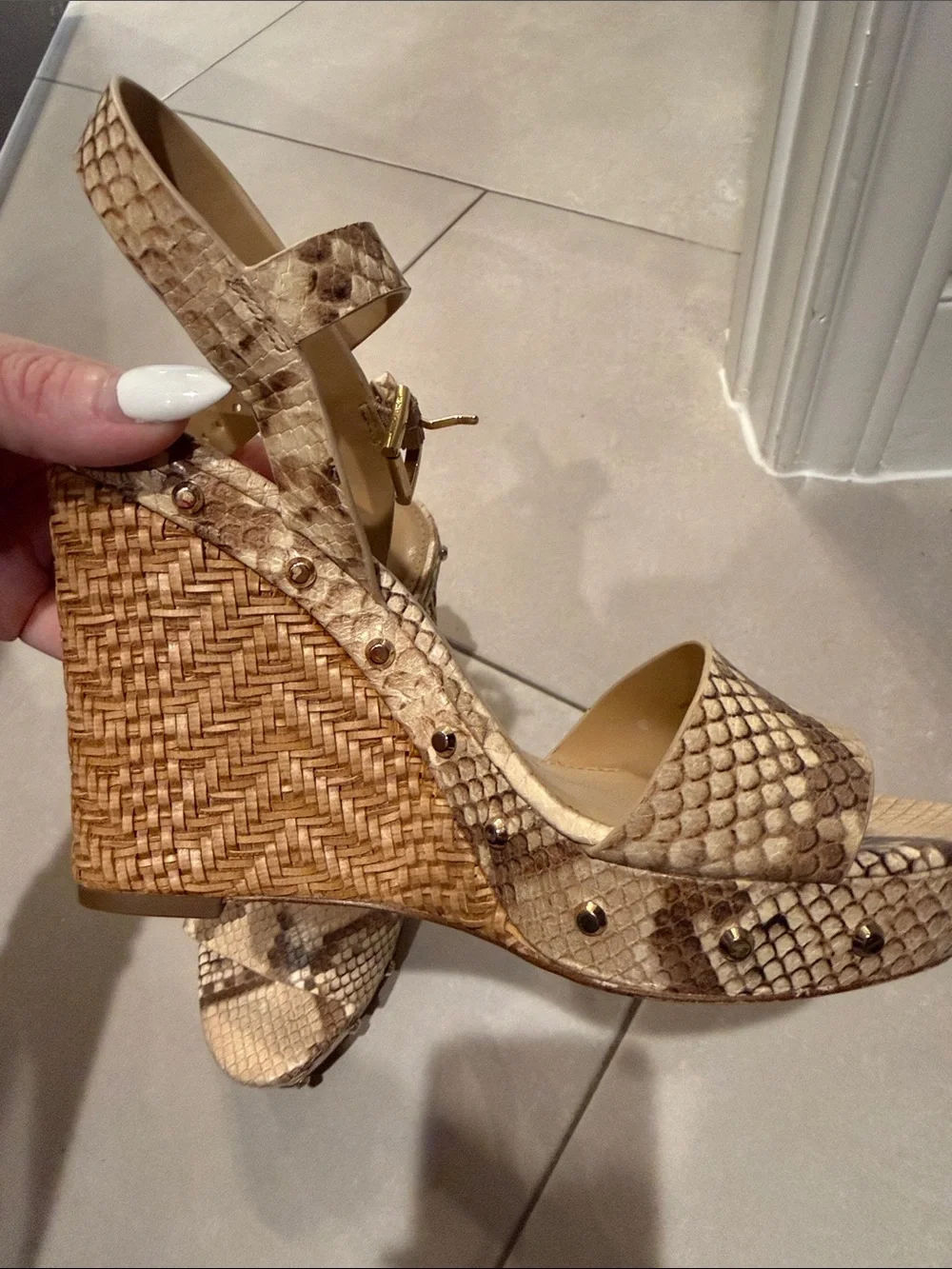 Michael Kors Snake-Print Tan Wedge Sandals